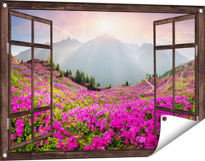Gards Tuinposter Doorkijk Rhododendron Bloemenveld in de Alpen - 90x60 cm - Tuindoek - Tuindecoratie - Wanddecoratie buiten - Tuinschilderij