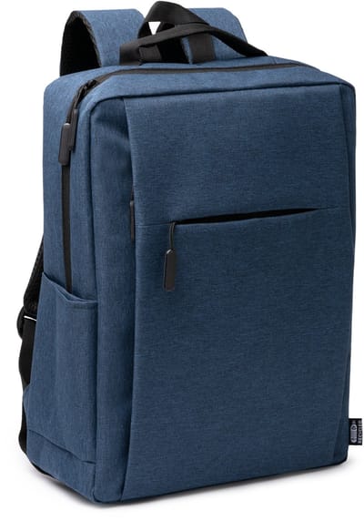 Heather Blauwe Rugzak gemaakt van 600D RPET met gemarmerde afwerking. Gewatteerde handgrepen en achterkant. Groot binnenvak en vak voor 15" laptop. Buiten voorvak en zijvakken. Inhoud: 20 l. Model Megan