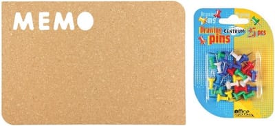 Prikbord van kurk 41 x 28 cm incl. 31x stuks gekleurde punaises