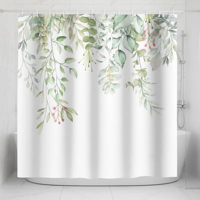 Waterdichte Douchegordijn 180 x 180 cm met Bloemen en Groene Planten, Schimmelbestendig, Inclusief Oogjes en 12 Ringen