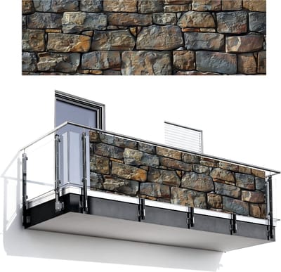 Balkonscherm 300x95 cm - Balkonposter Stenen - Steenoptiek - Grijs - Bruin - Balkon scherm decoratie - Balkonschermen - Balkondoek zonnescherm