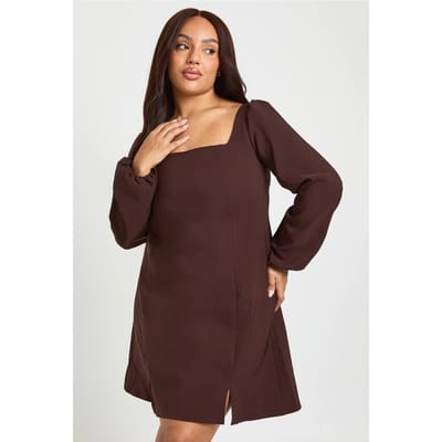 boohoo Dames Plus Volume Mouw Fit & Flare Mini Jurk | Chocoladebruin | Maat: 44