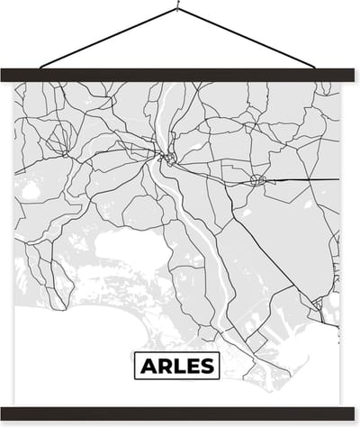 Posterhanger incl. Poster 60x60 cm - Schoolplaat - Kaart – Stadskaart – Frankrijk - Arles - Plattegrond - Textielposter - Zwarte latten - Stadskaart