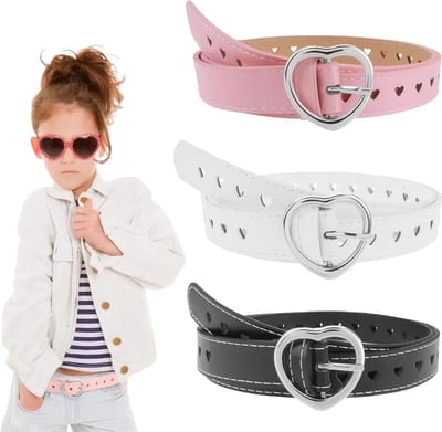 Meisjesriem met hartvormige gesp - 3-delige verstelbare riemset van 100 cm - zwart, roze, wit - elastische schoolriem voor dagelijks gebruik en modeaccessoire