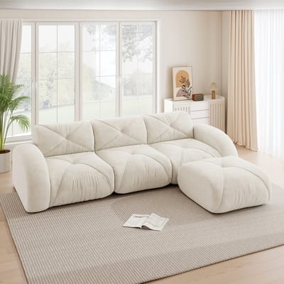 MODENUIT Modulaire Hoekbank - 3-Zits Met Hocker En Antislip Onderzijde - Voor Woonkamer - Chenille - Wit
