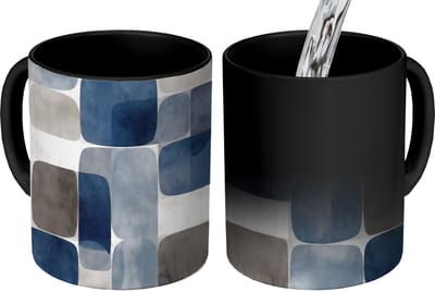 Magische Mok - Foto op Warmte Mokken - Koffiemok - Patroon - Blauw - Vierkanten - Magic Mok - Beker - 350 ML - Theemok