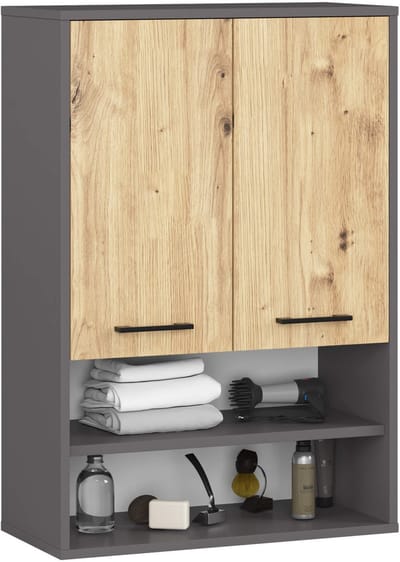 Hangende Badkamerkast FIN H934 W64 met 2 Deuren en 4 Planken / AKORD Furniture Factory / Grafietgrijs - Artisan Eik / 64 x 94 x 30 cm