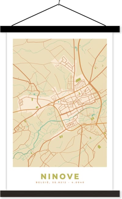 Posterhanger incl. Poster 40x60 cm - Schoolplaat - Ninove - Plattegrond - Vintage - Kaart - Stadskaart - Textielposter - Zwarte latten - Stadskaart