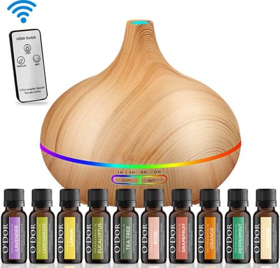 O'dor® Aroma Diffuser met Cadeauset van 10 flesjes Etherische Olie - Geurverspreider - Vernevelaar - Luchtbevochtiger – Verdamper – Aromatherapie - Geurverspreider - Hout Look