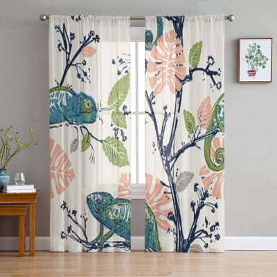 Kameleons En Planten Tule Gordijnen Voor Woonkamer Transparant Gordijn Slaapkamer Sluier Organza Decoratieve Raambekleding 135W x 114H(cm) white