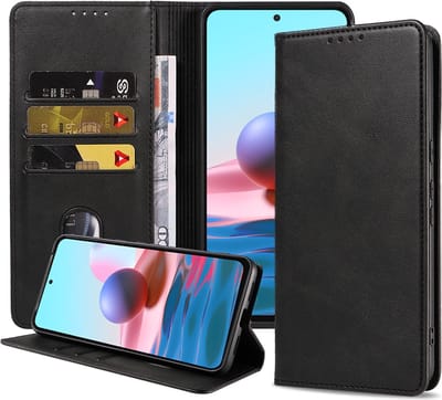 Smartphonica Telefoonhoesje geschikt voor Xiaomi Redmi Note 10 4G / 10S kunstleren Hoesje met Magnetische sluiting en Pasjeshouders Book Case met Klepje - Zwart geschikt voor Xiaomi Redmi Note 10 4G;Xiaomi Redmi Note 10S