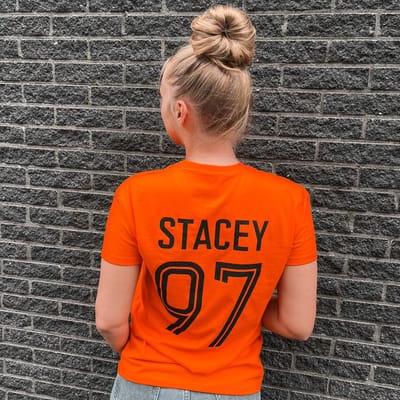 WK T-shirt Nederland-Dames-Glitter Zwart-Naam en Geboortejaar-Maat S