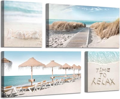 Strandgezicht Schilderij Set 3 Delen: Zandpad, Strandstoelen en Parasol - Wanddecoratie Woonkamer