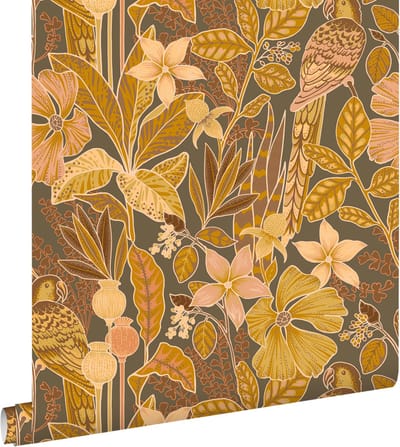 ESTAhome behang tropische bloemen en paradijsvogels terracotta bruin - 50 x 900 cm - 131159