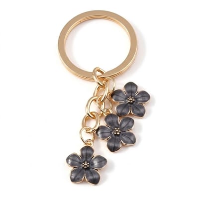 Goudkleurige bloemen sleutelhanger metalen sleutelhanger dames met zwarte sakura hanger set van drie bloemen, decoratieve keychain met ronde sleutelring voor sleutels en tas
