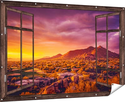 Gards Tuinposter Doorkijk Woestijn Landschap met Zonsondergang - 180x120 cm - Tuindoek - Tuindecoratie - Wanddecoratie buiten - Tuinschilderij