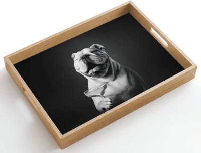Dienblad hout 50x35 cm - Schootdienblad - Buldog - Hond - Glas - Borrelplank rechthoek - Plateau dienbladen