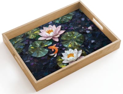 Dienblad hout 40x30 cm - Schootdienblad - Glasstukjes - Leliebladeren - Vis - Oranje - Borrelplank rechthoek - Plateau dienbladen