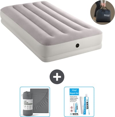 Intex Luchtbed - 1-Persoons - 99 x 191 x 30 cm - Grijs - Inclusief pomp - Hoeslaken en Reparatieset