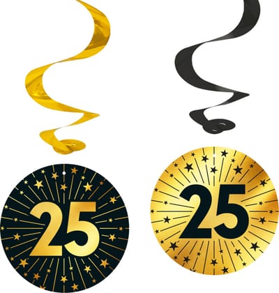 4x Swirls 25 jaar zwart / goud - Golden Celebrations - Verjaardag Feestje Hangdecoratie Versiering Feestdecoratie Decoratie