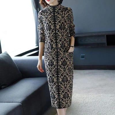 Robe pour femme au printemps et en automne avec robe à cheveux raides jusqu'aux genoux, longue robe en tricot ample épaissie en hiver 3XL noir