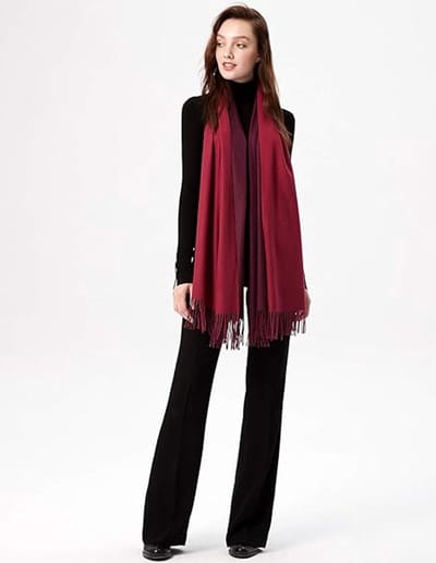 Tweekleurige sjaal voor dames van katoenmix, zacht en wollig, stola met franjes voor herfst en winter, 200 x 70 cm ,Diep Rood en Bourgondi