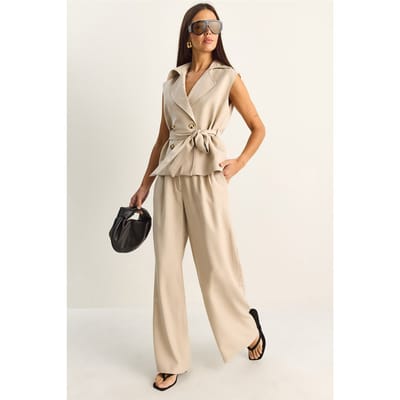 Hoge Taille Wijde Pijpen Co-ord Set met Sjaalkraag