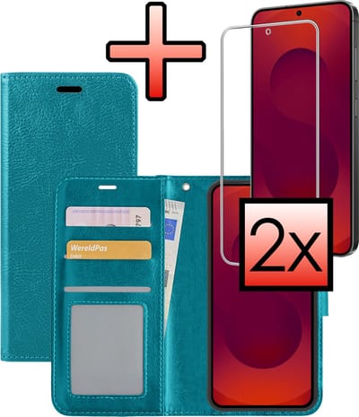 Hoesje - Met Screenprotector - Geschikt voor Samsung Galaxy S25 FE - Luxe Pasjeshouder - Bookcase Portemonee - Flip Case - Kunstleer Book Case - Flipcase - Book Cover - Walletcase - Portemonneehoes - Turquoise