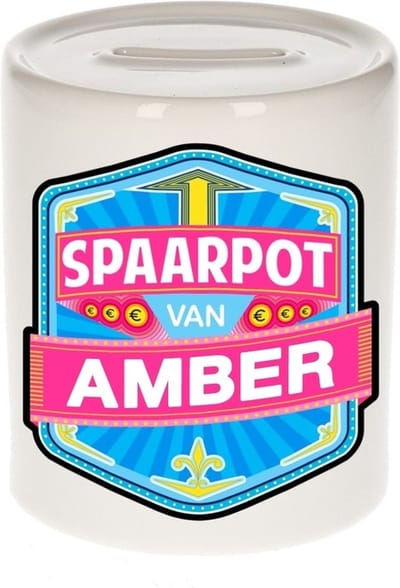 Bellatio Decorations Kinder spaarpot met naam - Amber - keramiek - met dop - wit - Sparen - Spaargeld van Amber