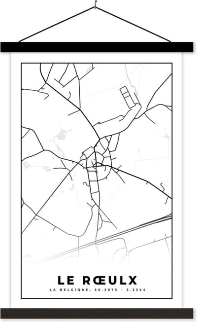 Posterhanger incl. Poster 40x60 cm - Schoolplaat - Zwart Wit – België – Plattegrond – Stadskaart – Kaart – Le Rœulx - Textielposter - Zwarte latten - Stadskaart