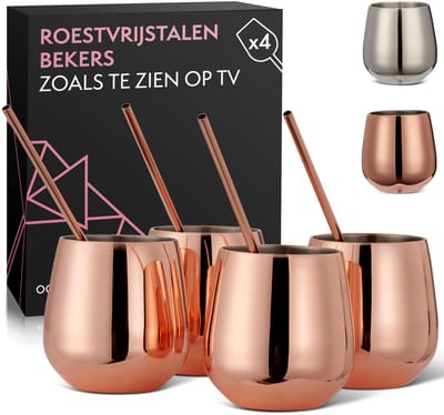 Dailygoods- Wijnglazen Set - 4 Roestvrijstalen Steelloze Wijnglazen - Dubbelwandig - Onbreekbaar - Herbruikbaar - Inclusief Rietjes & Borstel - Drinkglazen