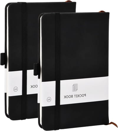 Leren A6 Notitieboek met Elastische Band en Penlus - Dikke Hardcover voor Dagboek en Aantekeningen in Zwart met Streepjespatroon