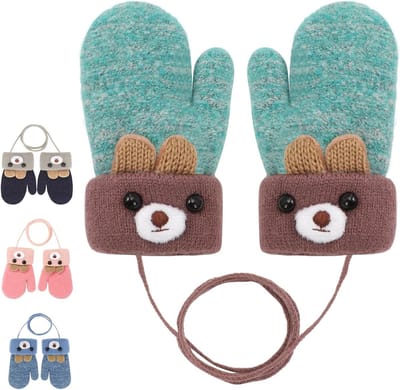Warm en Zacht Gebreide Babyhandschoenen met Koord, Schattige Cartoon Patroon, Dubbele Winterwantjes voor Jongens en Meisjes 0-3 Jaar, Perfect voor Koude Dagen