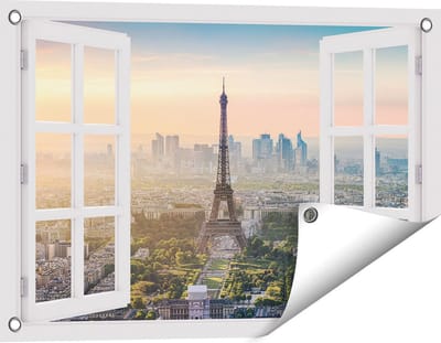 Gards Tuinposter Doorkijk Skyline van Parijs met de Eiffeltoren - 60x40 cm - Tuindoek - Tuindecoratie - Wanddecoratie buiten - Tuinschilderij