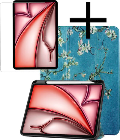 Hoes - Geschikt voor Apple iPad Air (2024/2025/2026) - 11 inch - Met Screenprotector - Trifold Bookcase - Hard Cover Case - Met Uitsparing Geschikt voor Apple Pencil - Hardcover Book - Tablet Hoesje - Bloesem