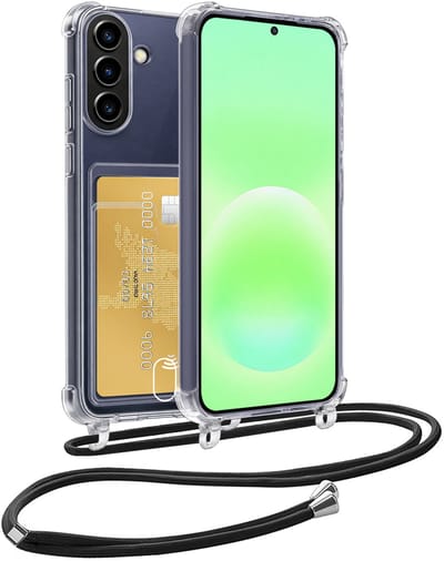Hoes Geschikt voor Samsung A57 Hoesje Pas Houder Shock Proof Case Hoes Met Koord - Hoesje Geschikt voor Samsung Galaxy A57 Hoes Met Telefoonkoord Pasjeshouder Cover - Transparant