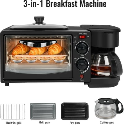 Allero Multifunctionele Ontbijtmachine - Ontbijtmaker - Zwart - 9L - 220V - 3-in-1 - Koffiezetapparaat - Broodrooster - Mini Oven