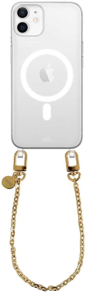 xoxo Wildhearts magnetisch hoesje geschikt voor iPhone 12 MagSafe - Dreamy - Transparant telefoonhoesje met koord - Telefoonkoord - Gouden schakelketting - Kort koord