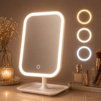PolkaHome LED-make-upspiegel - Oplaadbaar, bureaumodel, 3 lichtmodi, aanraakbediening, verstelbare helderheid, draagbaar - Wit