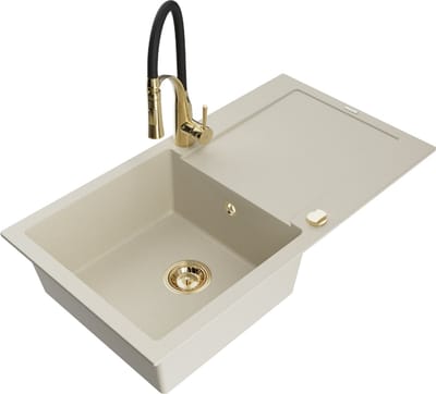 Mexen Leo granieten spoelbak met 1 bak, afdruiprek en keukenmengkraan Aster, beige - 6501-69-73450-57-G