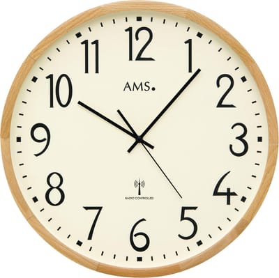 AMS F5534 - Wandklok - Analoog - Radiogestuurde tijdsaanduiding - Hout - Mineraal Glas - Bruin - Wit - 40 cm ø