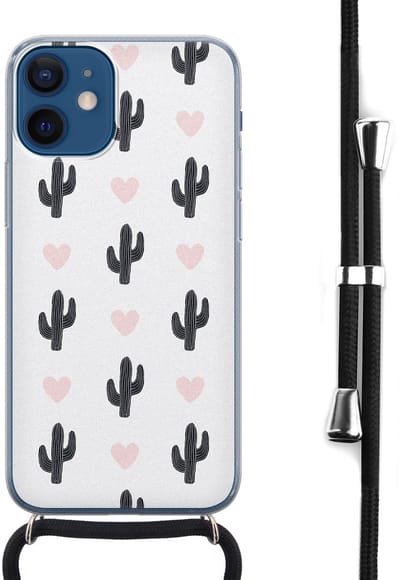 Hoesje met koord - Geschikt voor iPhone 12 Mini - Cactus - Verstelbaar zwart koord - Transparant, Groen - Planten - Leuke Telefoonhoesjes