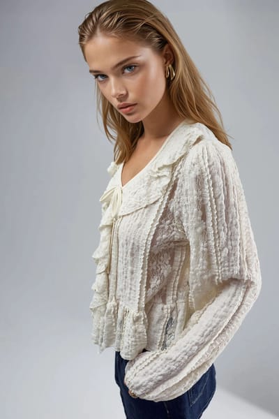 Laceshirt met V-hals en strik