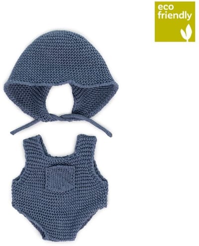 ML Poppen: KRUIPPAKJE GEBREID blauw voor jongen 21cm, eco en gerecycleerd,  2-delig, met mutsje, op kleerhanger, 3+