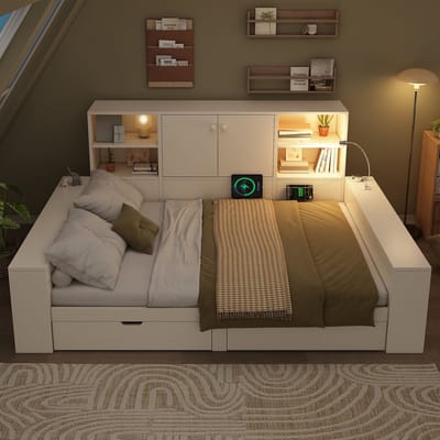 Opbergbed 140x200 Met USB En Lades - Tweepersoonsbed Wit Met Kast