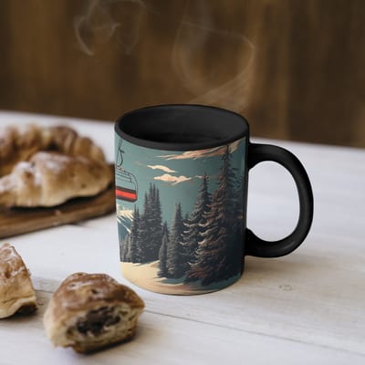 Magische Mok - Foto op Warmte Mokken - Koffiemok - Sneeuw - Skilift - Rood - Bomen - Magic Mok - Beker - 350 ML - Theemok