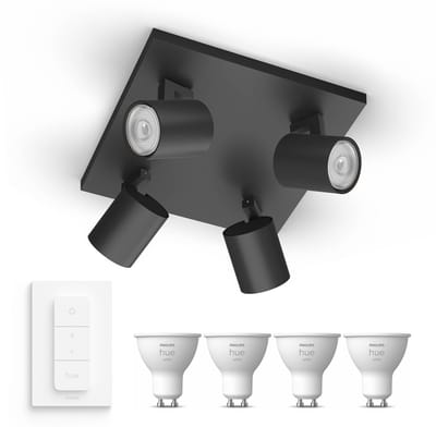 Philips Hue Runner Opbouwspot (Zwart) - Warmwit Licht - Incl. Hue Dimmer Switch - Plafondspot met 4 Lichtpunten - GU10 - Hue White