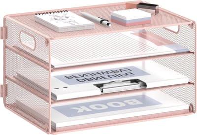 Dailygoods- Brievenbakje 3-verdiepingen - Bureau-organizer - Papier-organizer - Handvat - Duurzaam metalen rooster - Roze - Papierorganizer