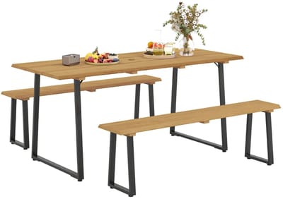 3-delige Houten Biertafelset met Biertafel, 2 Bierbanken & Parasolgat - Tuintafel voor 6 Personen - Bierbank - Picknicktafel - Biertentset - Tuinset - voor Terras, Balkon, Tuin, Camping - 178 cm lang - Naturel Hout