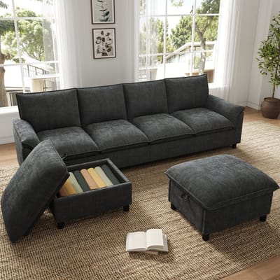 OKWISH U-Bank 264,5 x 142,5 cm - Modulaire Hoekbank Met 2 Verplaatsbare Hockers En Opbergruimte - Chenille - Zwart